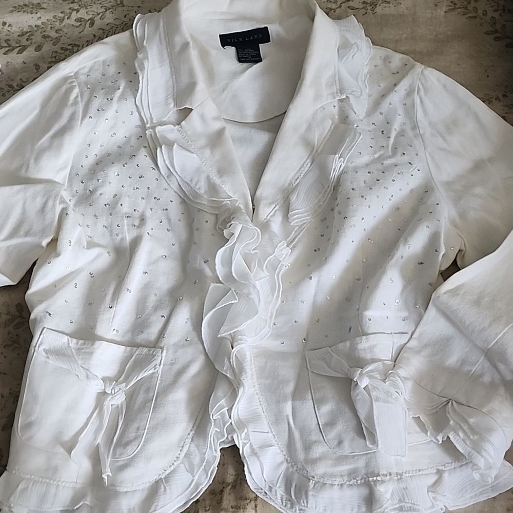 Linen Cotton Blend Ruffled Sequin Jacket Blazer Creamy White Size 16 Peasant